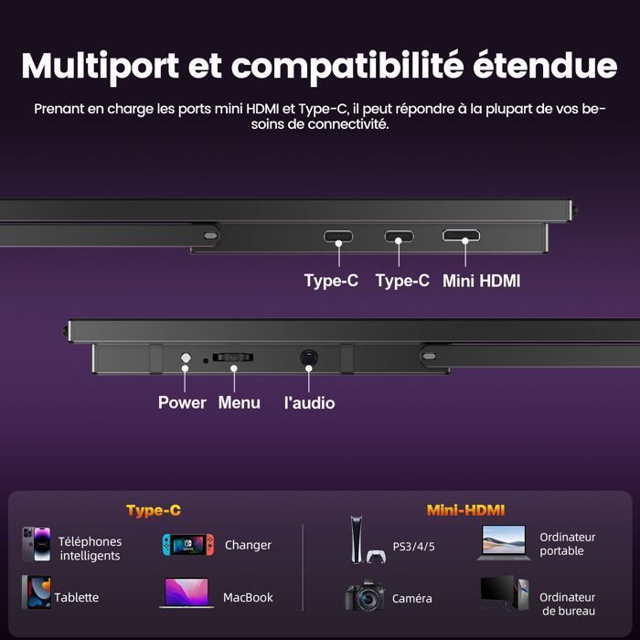 UPERFECT Moniteur portable 18,5 pouces 1080P Full HD 120HZ, 100% sRGB, vitesse de réponse de 14 ms, compatible VESA