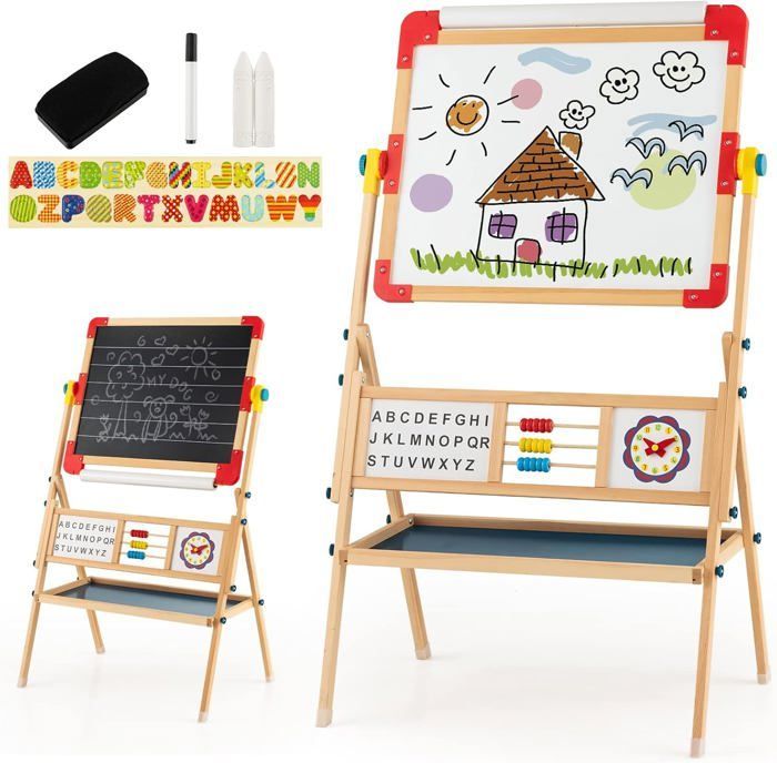 GOPLUS Caballete infantil 3 en 1 de doble cara con pizarra magnética giratoria (negra/blanca) y rollo de papel - Accesorios completos