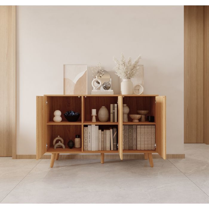 Credenza RENZO - Design scanalato 3D - 3 ante push-to-open - L 120 cm - Rovere Alba opaco - Gambe 15 cm - Stile scandinavo