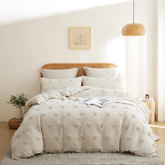 Housse de Couette Beige - Parure de lit 2 Personnes - Motif Amour - Lavable en Machine - 220x240 cm