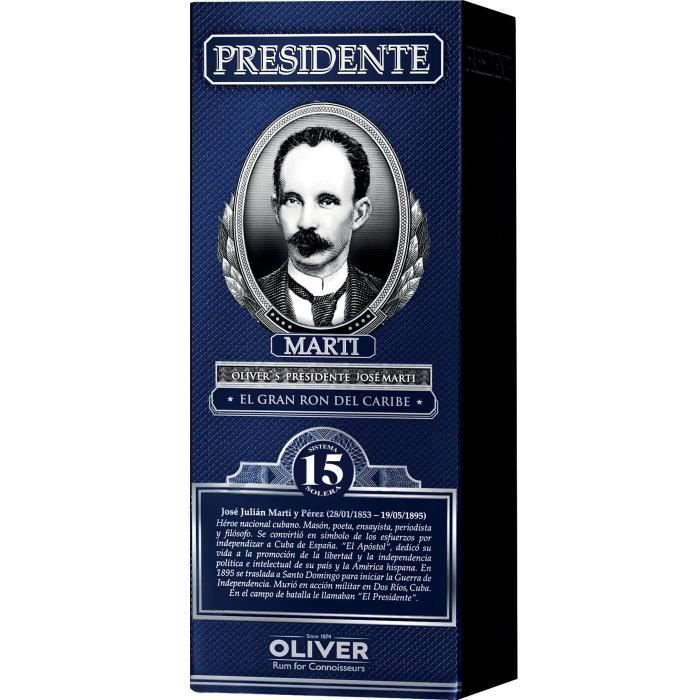 Ron Presidente Martí de 15 años - Ron extra añejo - República Dominicana - 40% vol. - 70 cl en caja de regalo