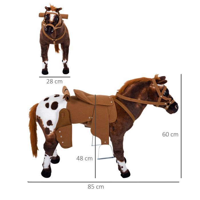 Juguete balancín - HOMCOM - Caballo de peluche de pie con efectos de sonido (relincho, galope, silla de montar) - Madera - 85x28x60cm - Marrón y blanco