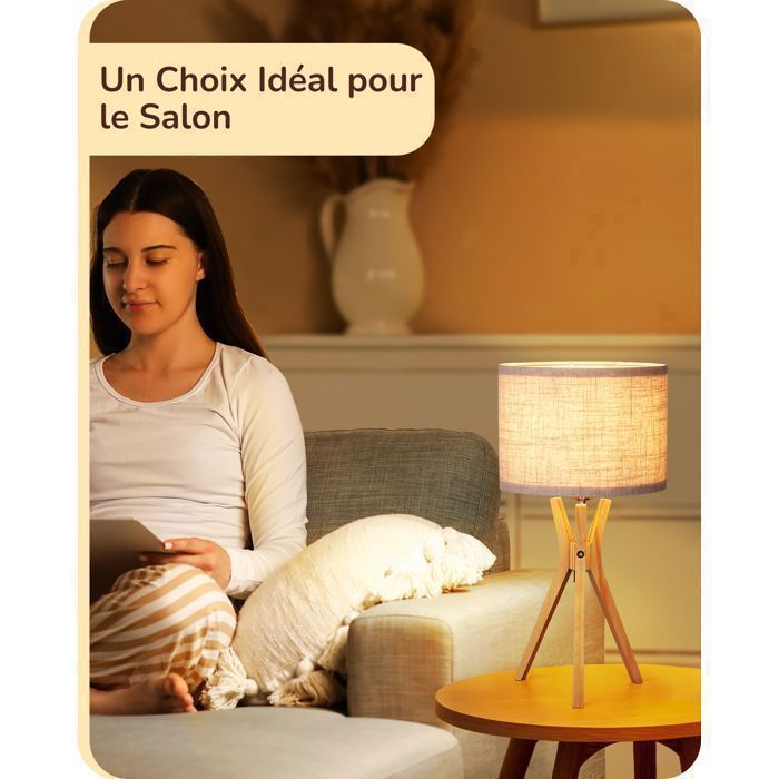 Luminária de mesa tripé EDISHINE com lâmpada LED E27, luminária de mesa moderna com 46 cm de altura, madeira e linho bege.