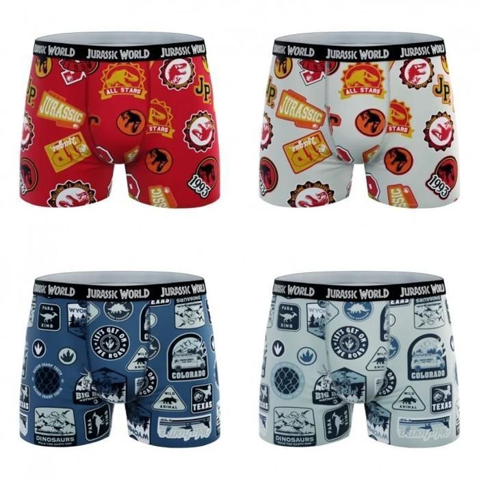 Pacote com 4 cuecas boxer infantis 100% algodão com estampa de Jurassic Park.