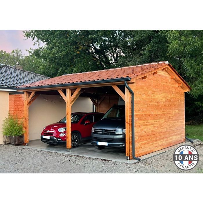 Cochera de abeto Douglas francés de 20 m² – 2 pendientes – 6 postes – Refugio exterior para coches – 10 años de garantía