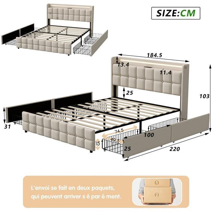Letto matrimoniale EIFSON 180 x 200 cm con rete a doghe, illuminazione a LED e porta USB, 4 cassetti, rivestimento in lino, colore beige.