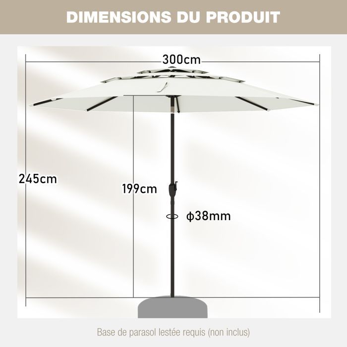 Parasol de Terrasse Ventilé à 3 Niveaux de 300 cm - COSTWAY - Inclinaison à Bouton-Poussoir - Manivelle - 8 Baleines Robustes - Blan