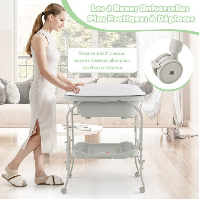 Cambiador para bebés COSTWAY 4 en 1 con bañera plegable de 20 L - 4 ruedas, manguera de 1 m, bandeja de almacenamiento, cojín de PVC impermeable - Gris claro