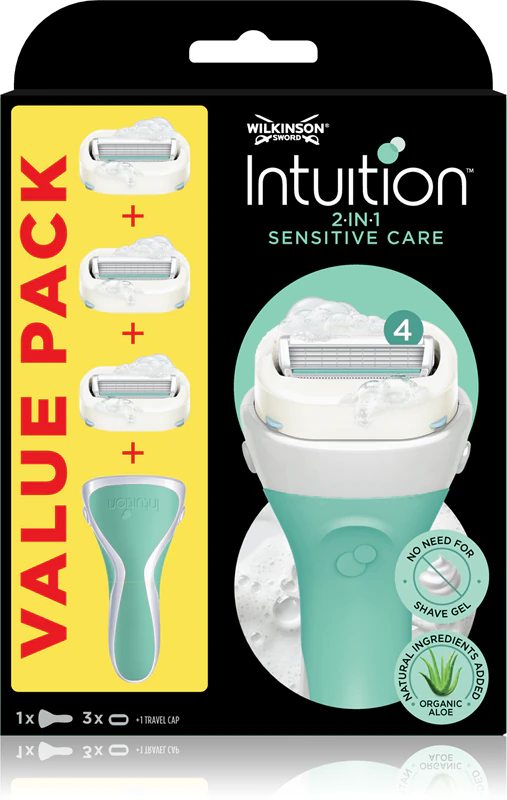 Lâminas de reposição para aparelho de barbear Wilkinson Sword Intuition 2 em 1 Sensitive Care, pacote com 3 unidades.