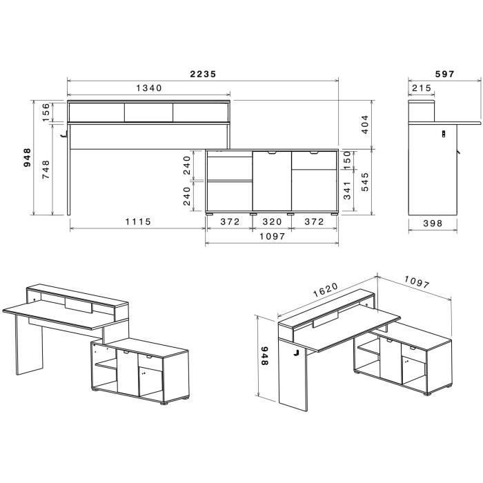 Modulaire hoektafel met LED-verlichting - WORTEX - Schaduwgrijs - 167,7/229,2 x 59,7/109,7 x 94,8 cm - PARISOT