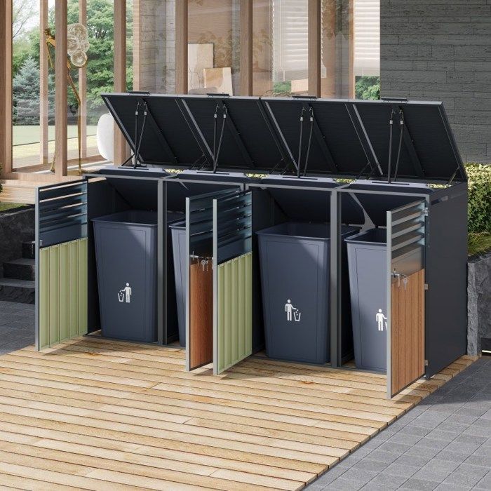 Cache-poubelle - LANGTU - XL 4 conteneurs - Acier galvanisé - Couvercle à vérin - Effet bois gris