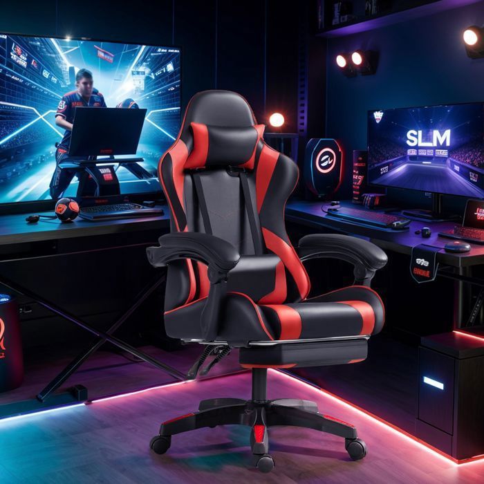Frixovel Gamingstoel, Verstelbare Bureaustoel, Gamingstoel met Uitschuifbare Voetsteun (Zwart en Rood)