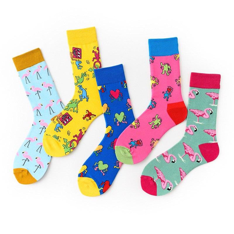 Chaussettes pour femmes roses et vertes à motifs d'animaux de dessin animé et de flamants roses, style Harajuku, mignonnes, drôles, colorées, joyeuses, décontractées, hip-hop, skate.