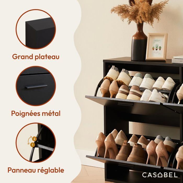 Zapatero CASABEL con 4 puertas abatibles - Zapatero de diseño - Mueble de almacenamiento para pasillo con capacidad para 24 pares - Negro