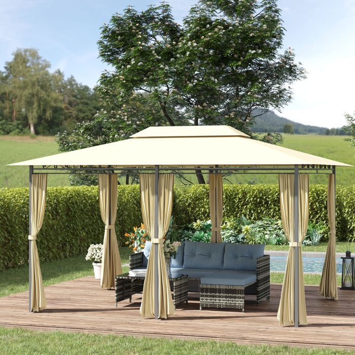 Cenador de jardín - carpa - Outsunny - estilo colonial, doble techo con paneles laterales - acero - 3x4x2,8 m - color crema