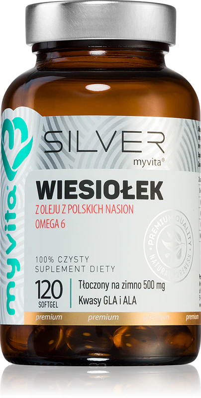 Suplemento alimentar em cápsulas gelatinosas de óleo de prímula MyVita Silver 500mg para manter níveis normais de colesterol.