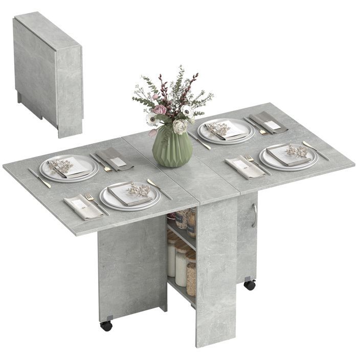Table pliante - HOMCOM - cuisine salle à manger amovible sur roulettes 2 étagères intégrées - bois - 75x140x74cm - gris