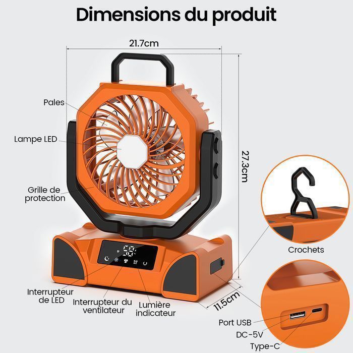 20000 mAh Rechargeable USB Table Fan - Powerful, Portable, Quiet with LED, Timer - Outdoor, Office
