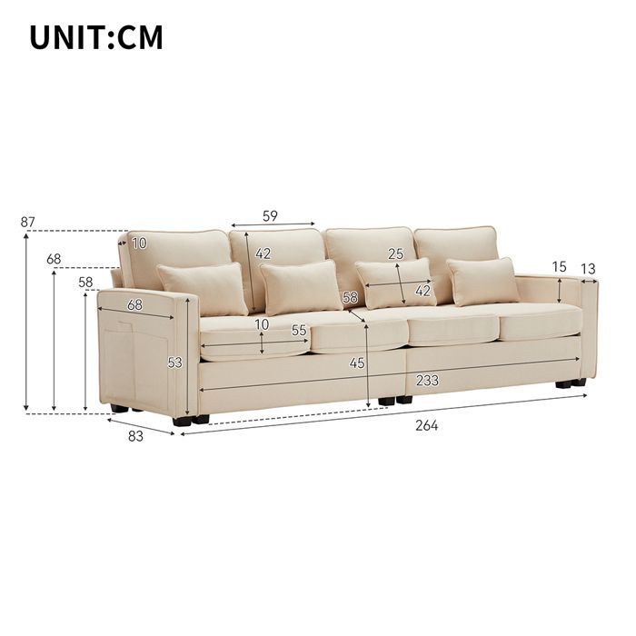 Four-seater straight sofa with armrest pockets and four cushions for the living room, apartment, or office. Beige linen fabric.