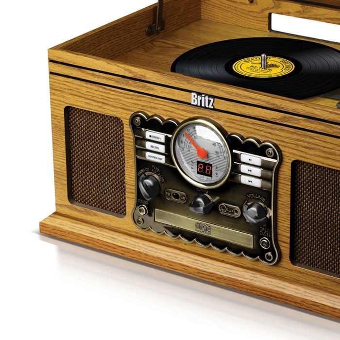 RETRO Turntable - Britz - 50W - 33/45/78 RPM - USB SD / Bluetooth FM Radio / CD/Cassette Player - 2 Stereo Speakers - Wood