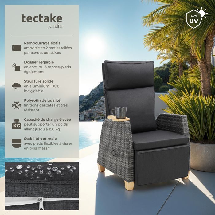 Sedia da giardino - TECTAKE - Set di 2 lettini prendisole modulari PESCARA con schienale e poggiapiedi regolabili - Grigio