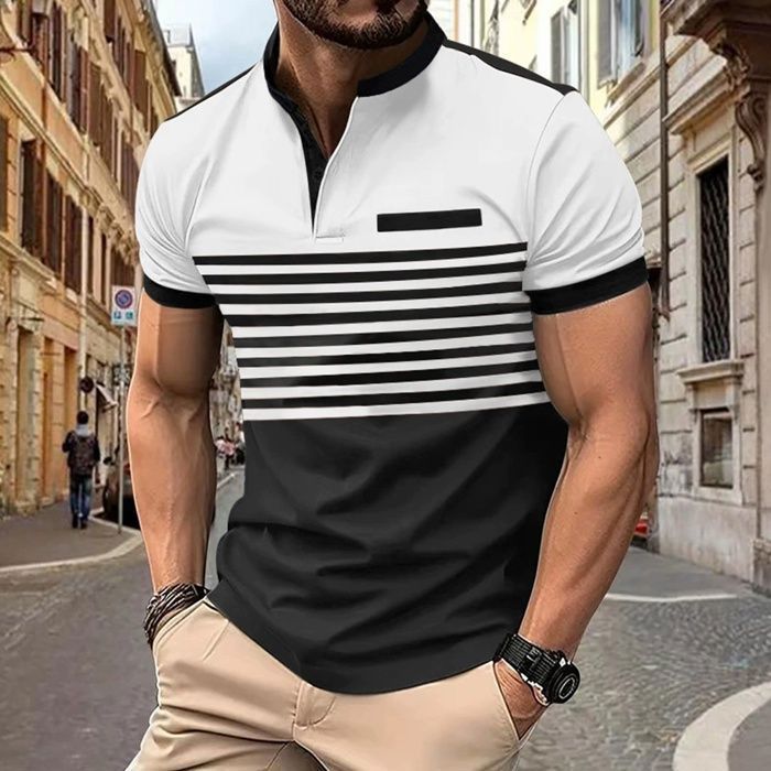 Polo para hombre, polo ligero de verano con botones, polo transpirable de manga corta a rayas - Blanco