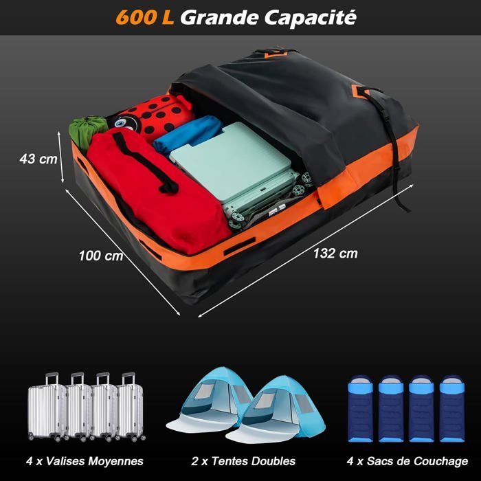 Cofre de techo para coche COSTWAY de 600 litros, impermeable, con 10 correas y 6 ganchos, alfombrilla antideslizante y bolsa de almacenamiento. Compatible con todos los vehículos.