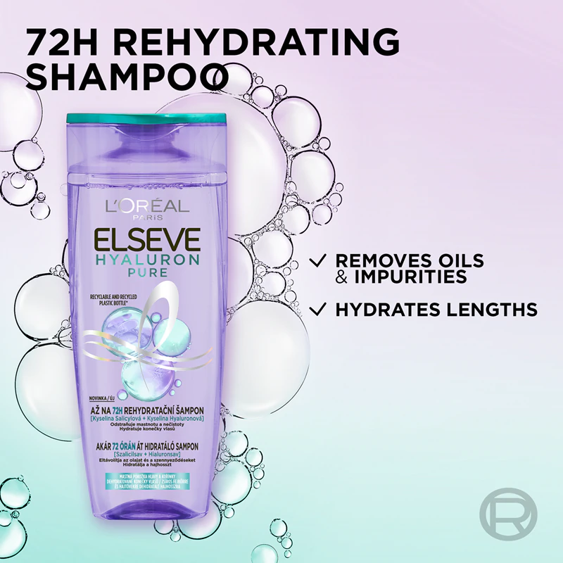 Shampoo hidratante L'Oréal Paris Elseve Hyaluron Pure para couro cabeludo oleoso e pontas secas.