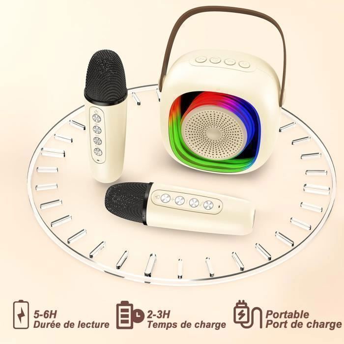 Enceinte Portable, Bluetooth 5.3, Fonction karaoké, basses percutantes, LED colorées, avec 2 Micro sans Fil, pour Fête - Beige
