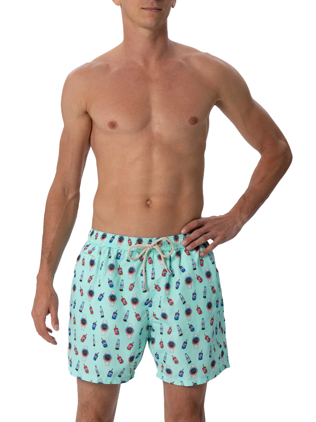 Man Lighting Mid-Length Swim Shorts | Watches & Drink All-Over Print | Sage Green Backcloth | Lightweight, Quick Drying | MC2 Saint Barth