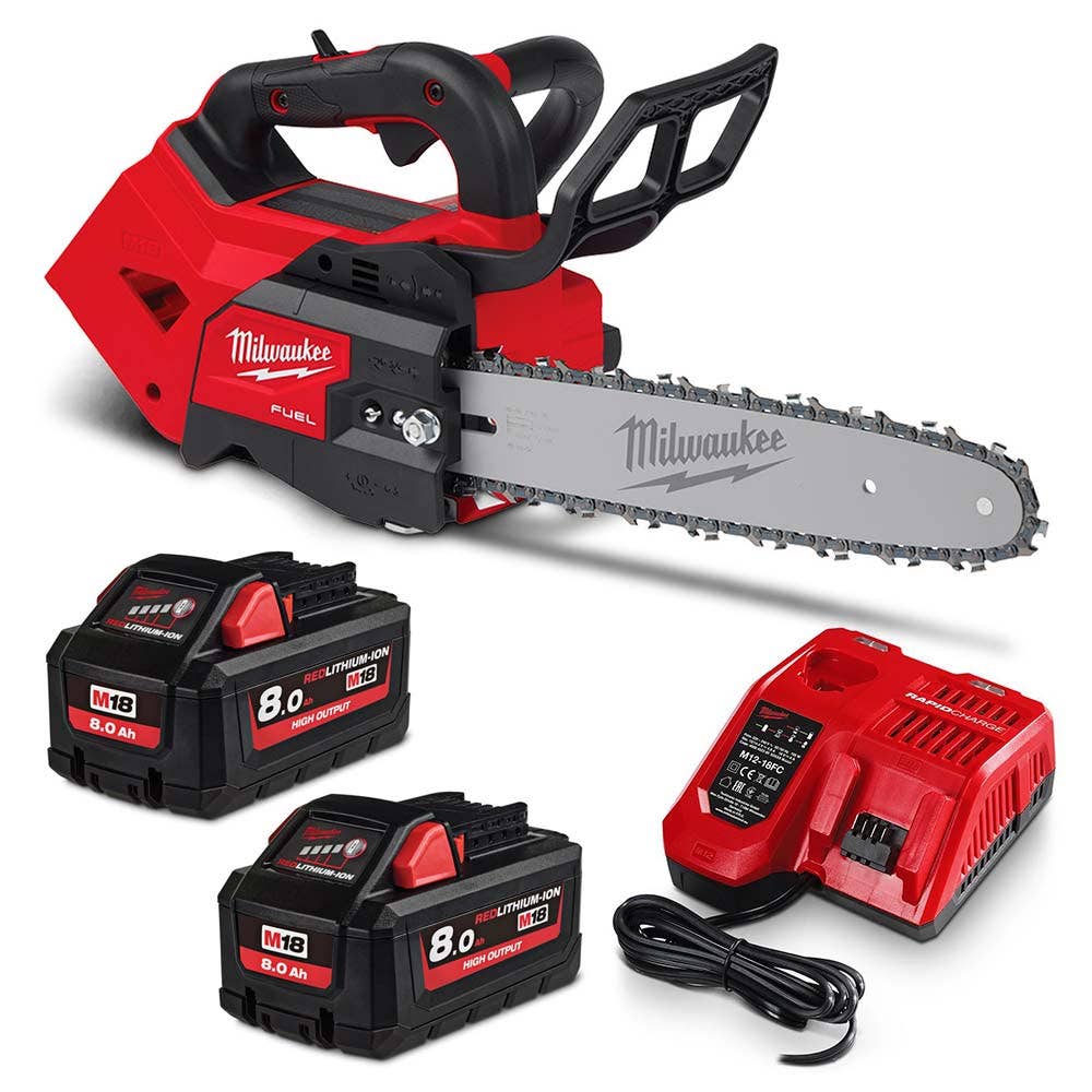 Kit de motosserra MILWAUKEE FUEL™ 18V com 2 baterias de 8,0 Ah e cabo superior de 305 mm (12 pol.) M18FTCHS12802