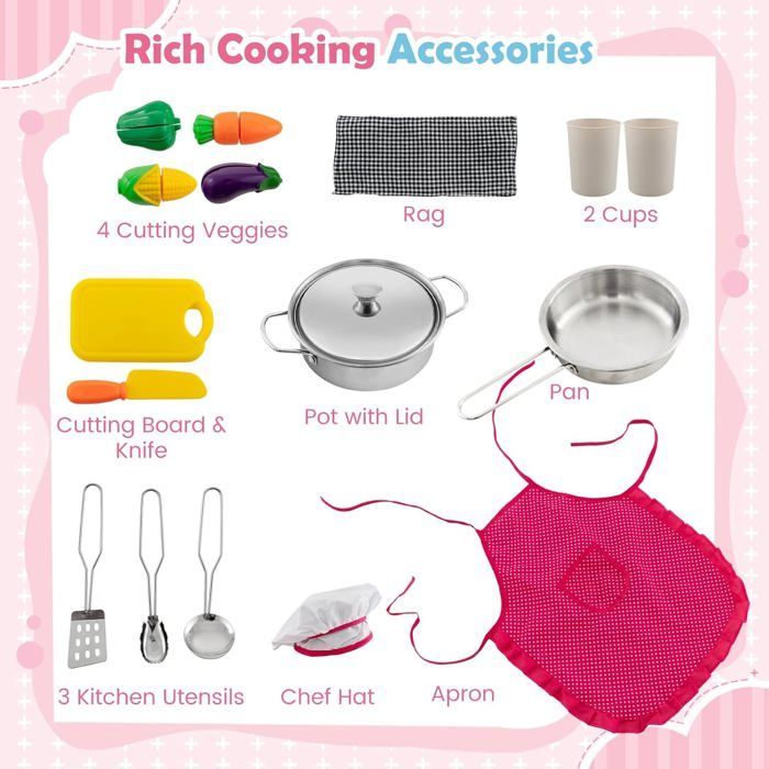 GOPLUS Cuisine d'angle pour Enfant en Bois avec Lumières et Sons Réalistes, Accessoires et Rangement, pour 3+ Ans (Rose)