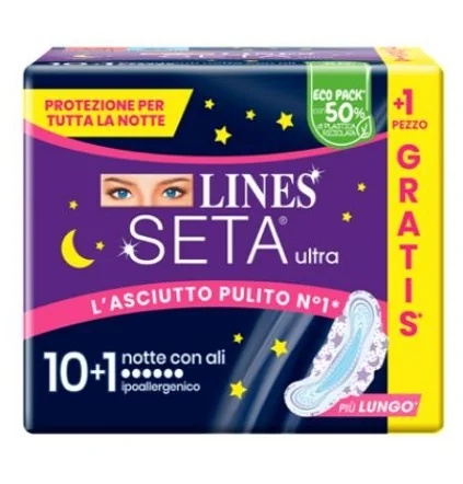 Compresas sanitarias LINES Seta Ultra Night, 10+1 unidades, aptas para el sangrado nocturno.