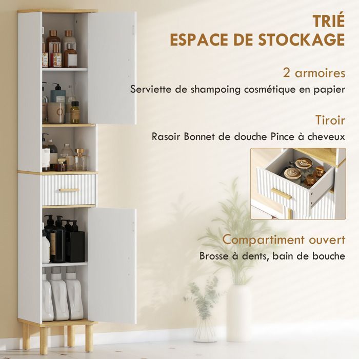 Mueble columna para baño - HOMCOM - 2 puertas, cajón, compartimento abierto y estante ajustable - madera - 31,5 x 29,7 x 171,5 cm - blanco