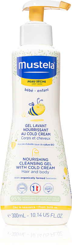 Mustela Bébé Dry Skin výživný čisticí gel s ochranným krémem, který obnovuje kožní bariéru pro miminka od narození.