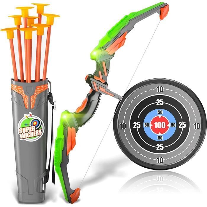 Children's Toy Bow and Arrow Set with LED Light - Includes 1 Bow, Target, Quiver with 8 Suction Cup Arrows