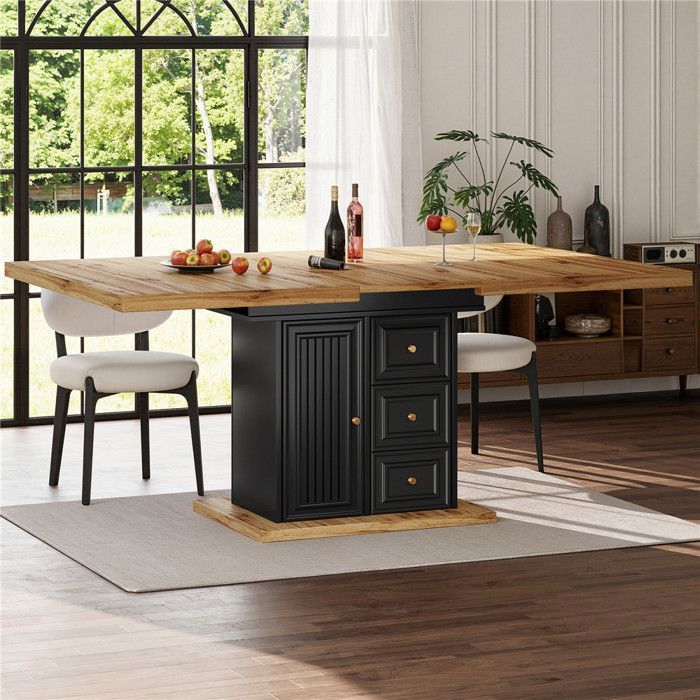 Table cuisine extensible bois 4 à 6 personnes, table salle à manger rangement avec 2 tiroirs, étagère et porte, 110–140x80 cm, Noir