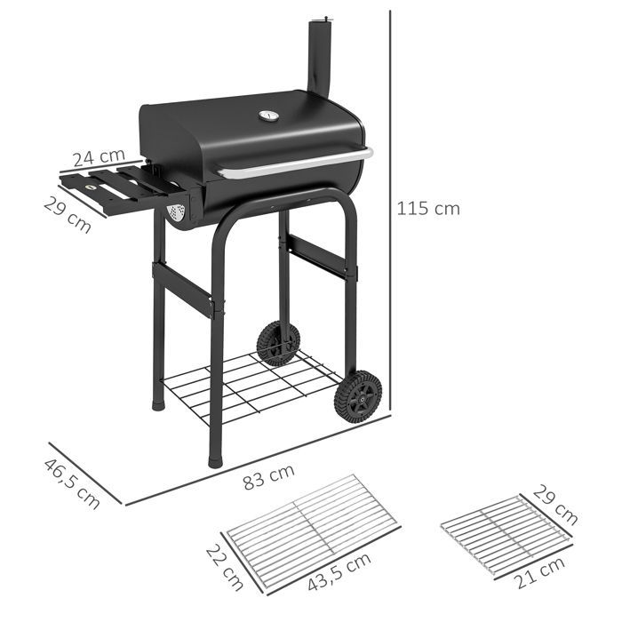 Outsunny charcoal barbecue - with shelves, wheels, lid, thermometer, chimney - metal - black