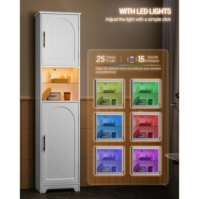 Mobiletto da bagno con illuminazione a LED, contenitore con due ante, ripiani regolabili, per lavanderia, bianco