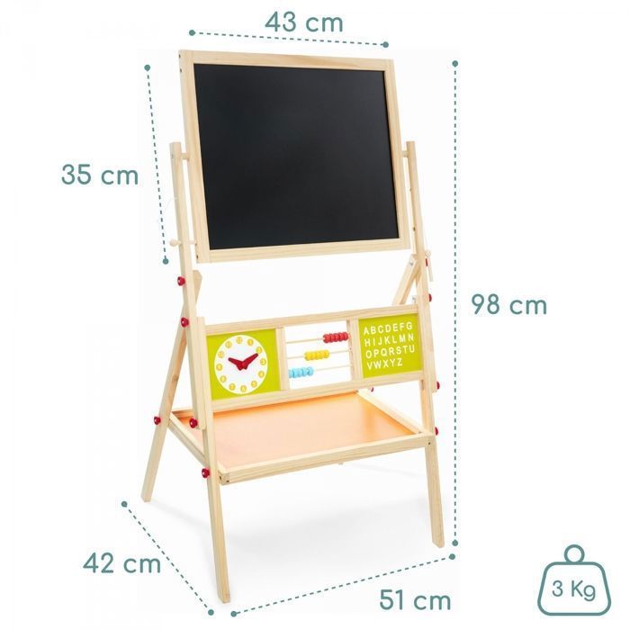 Șevalet din lemn pentru copii 98x45x42cm - 2 fețe - Alb magnetic și tablă - Șevalet pentru copii cu ceas, alfabet și