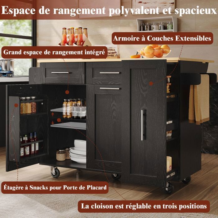 Isla de cocina móvil con encimera extensible - 2 niveles de almacenamiento - Estantes regulables en altura - Ruedas giratorias con freno de 360°