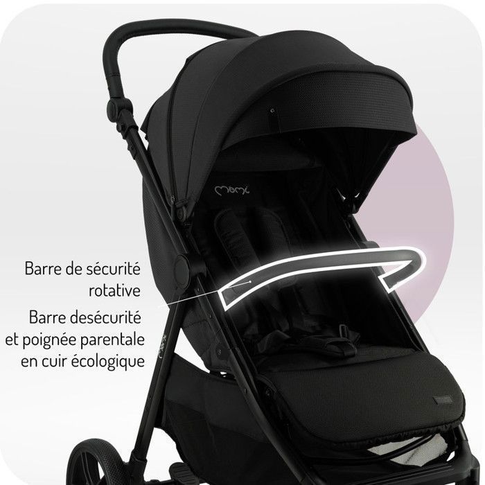 MoMi CLARA - Stroller 0m+ up to 22 kg - Rotating bar - Adjustable handle - Accessories included: bag, rain cover - Black