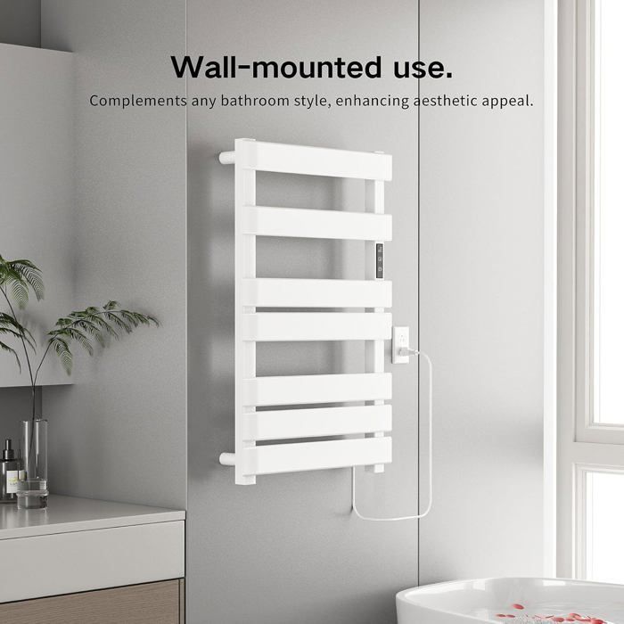 Sèche-serviettes électrique mural avec minuterie LED - Rail chauffant à température constante - Blanc - Branchement secteur