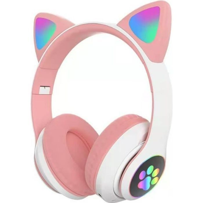 Auriculares Bluetooth con orejas de gato para niñas, auriculares estéreo plegables con luz LED / PS4 / PC / Tablet / TV (rosa + blanco)