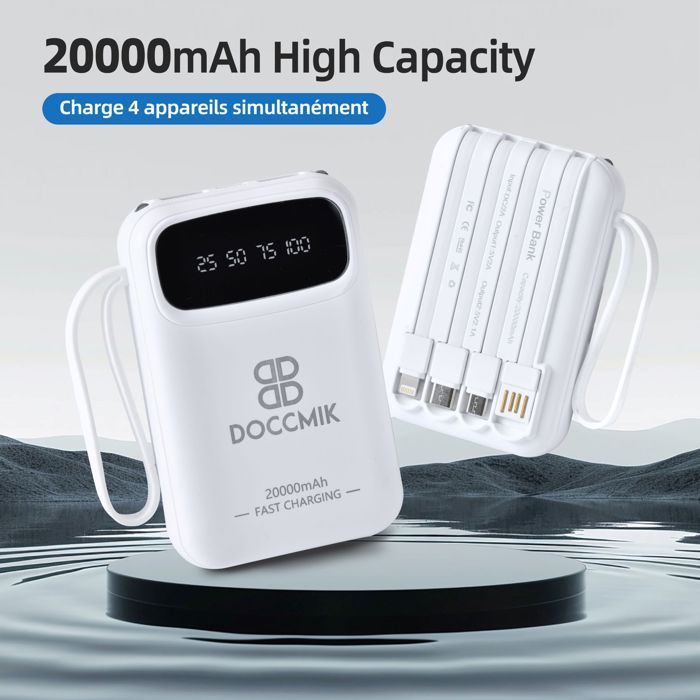 DOCCMIK 20000mAh Power Bank External Battery with 4 Integrated Cables, Portable Battery and LED Light, White