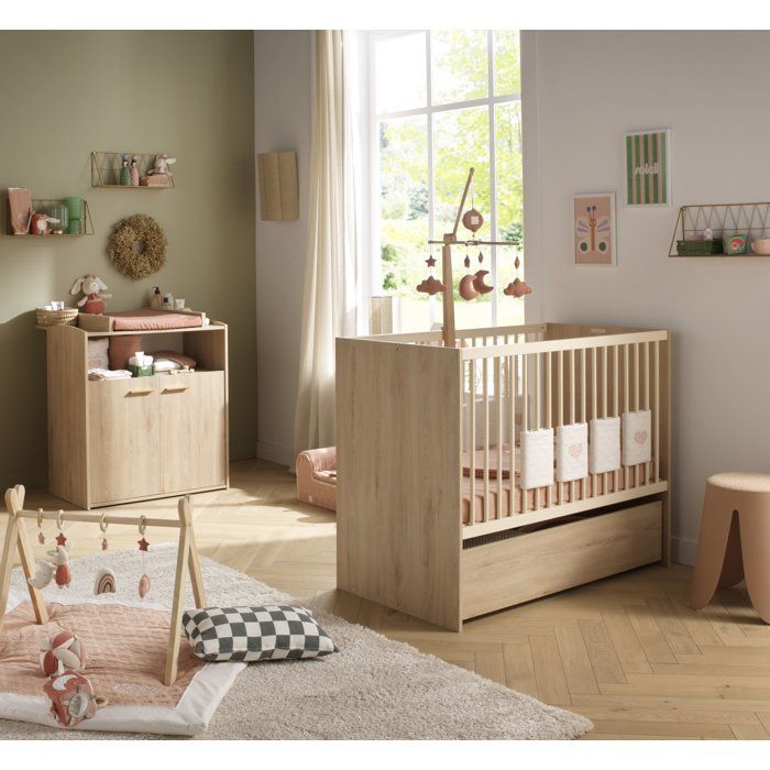 Conjunto de habitación infantil para dos personas: cuna de 120 x 60 cm + cómoda de 2 puertas y estante - Adele - Haya/crema - SAUTHON