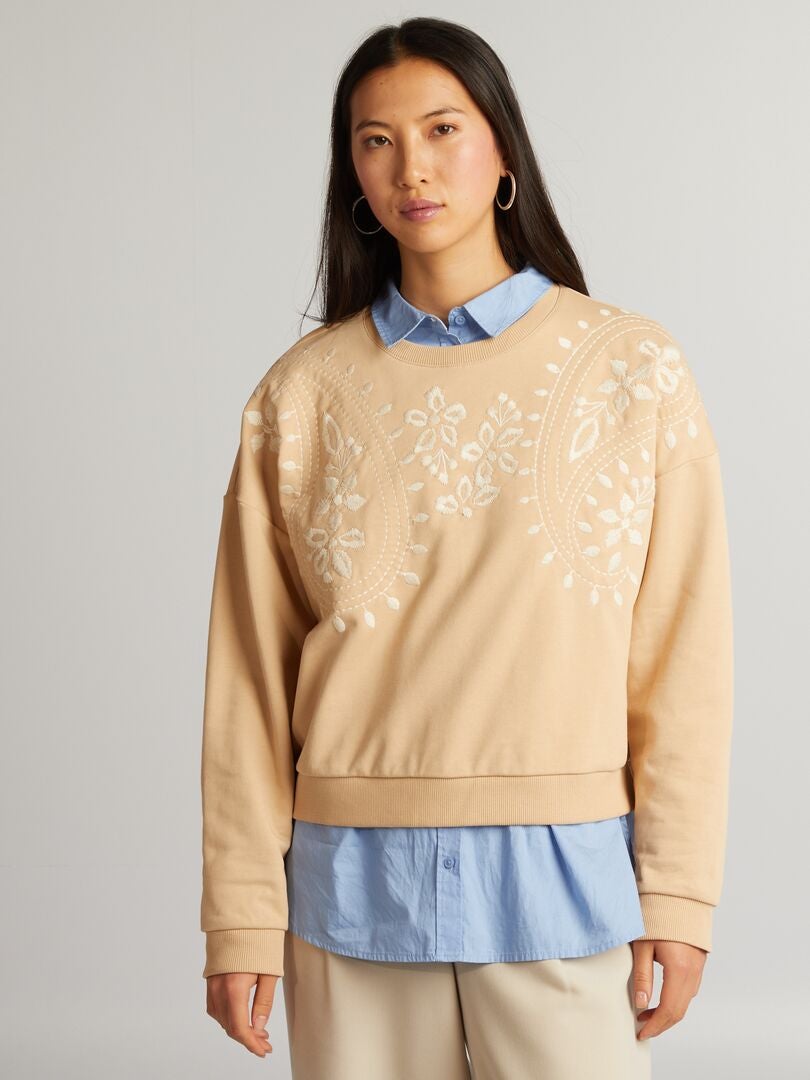 Sweatshirt van fleece met borduurwerk - BEIGE