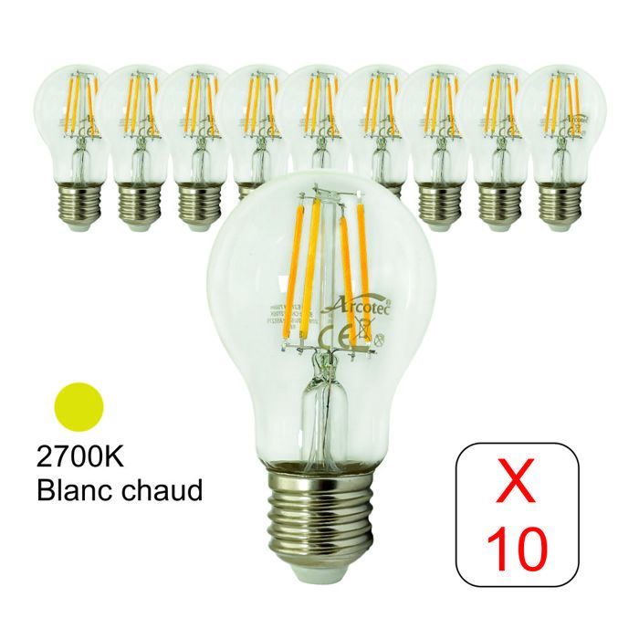 Pack of 10 E27 6W 750lm 2700K LED filament bulbs - 2-year warranty