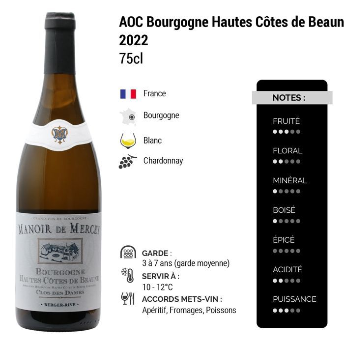 Manoir de Mercey  Bourgogne Hautes Côtes de Beaune Clos des Dames 2022 - Vin Blanc de Bourgogne (3x75cl)