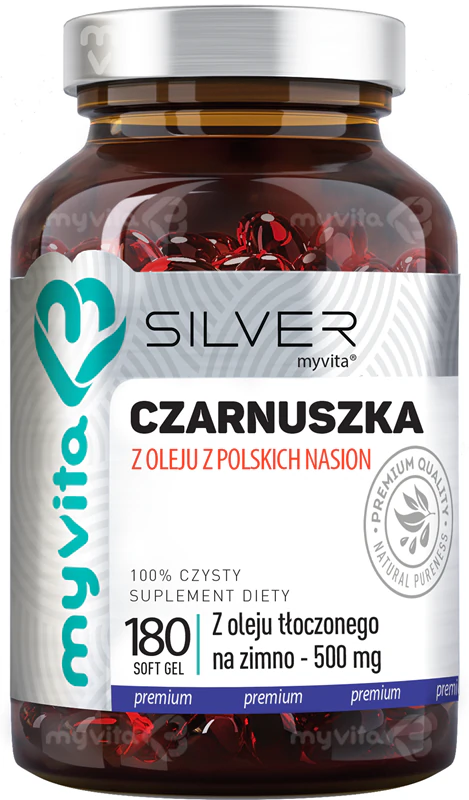 Cápsulas gelatinosas de óleo de semente preta MyVita Silver para auxiliar a digestão.